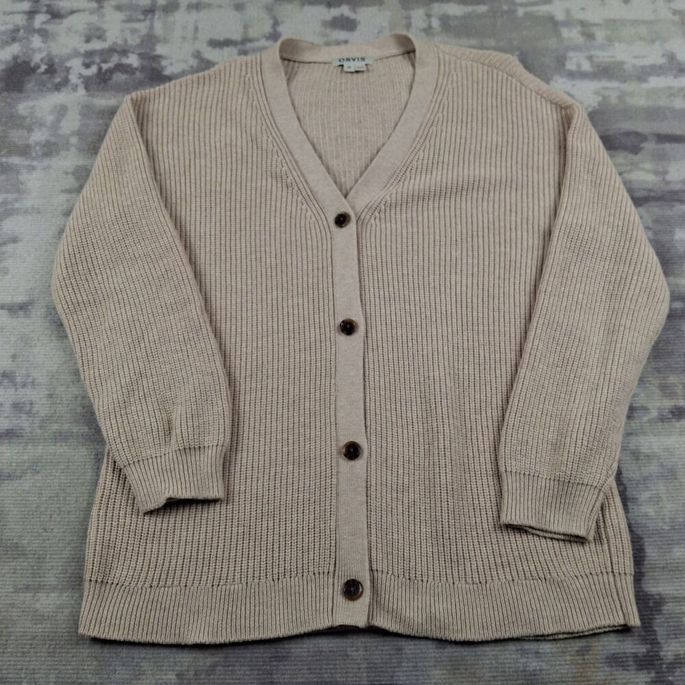Orvis Cardigan Sweater Womens Medium M Beige Tan Ribbed Knit V Neck Button Up